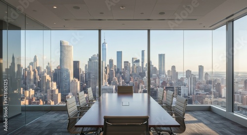 Conference room with a large table, overlooking the stunning and busy New York City skyline.