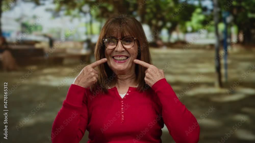 Senior hispanic woman smiling and pointing to her teeth in a sunny outdoor park setting, exuding joy and warmth with casual style and natural beauty. Senior hispanic woman smiling and pointing to her teeth in a sunny outdoor park setting, exuding joy and warmth with casual style and natural beauty.