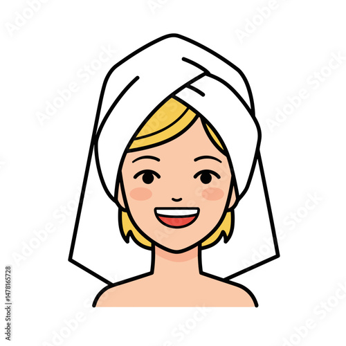 Young blonde woman smiling with towel wrapped on head in vector art  