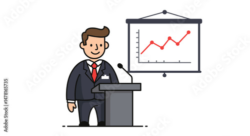 Businessman giving a presentation at podium with growth chart behind - Concept of vector art  