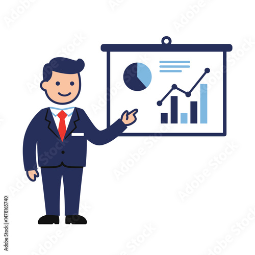 Businessman presenting graphs in suit at boardroom meeting - Concept of vector art  