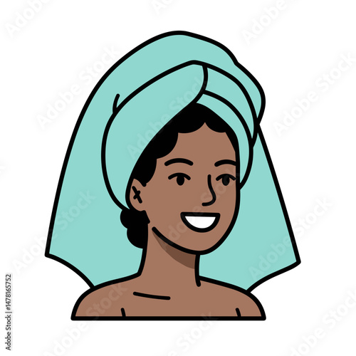 Black woman smiling with towel wrap on her head in a minimal design  