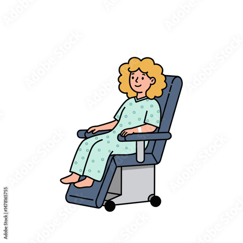 Young woman chemo patient sitting in hospital chair wearing a medical gown – Concept of vector art  