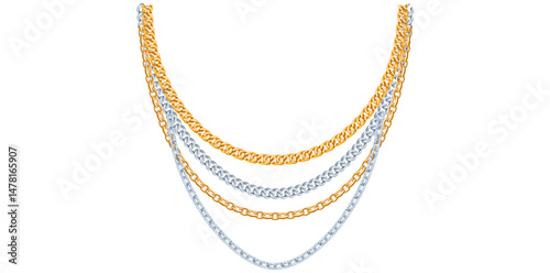 Multilayer Gold And Silver Chains Necklace On White Background, Unique Fine Jewelry Vector Illustration.	