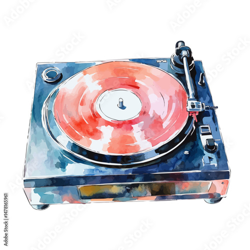 DJ Turntable, watercolor illustration, isolated on a white background.
