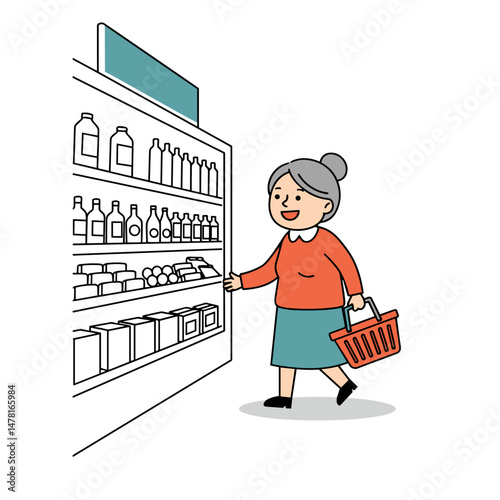 Elderly woman shopping at a supermarket with a basket in hand - Concept of vector art  