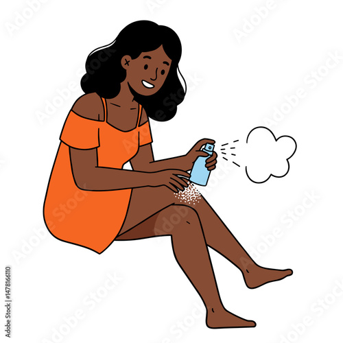 Young black woman applying repellant on legs while sitting in casual attire  