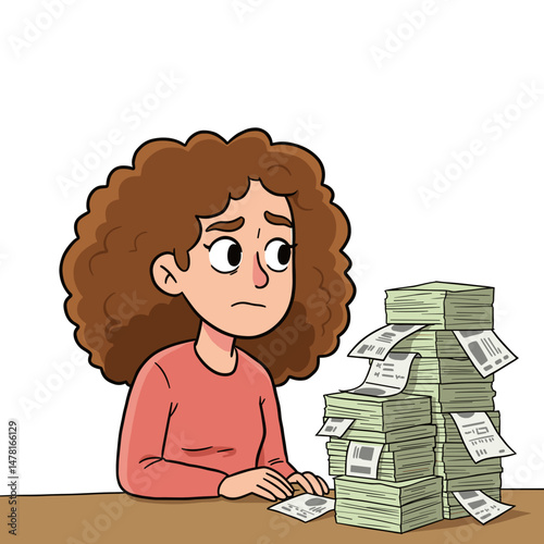 Young woman looking at unpaid bills with concern at a desk  