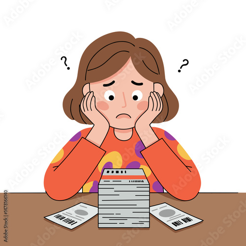 Woman looking at unpaid bills with worry while sitting at a table - Concept of vector art  