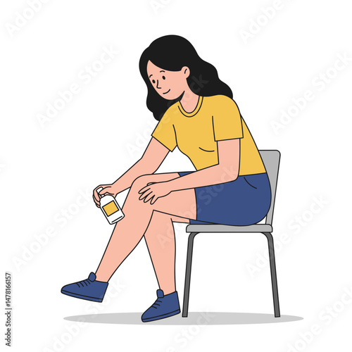 Young woman applying repellant on legs while sitting on chair  