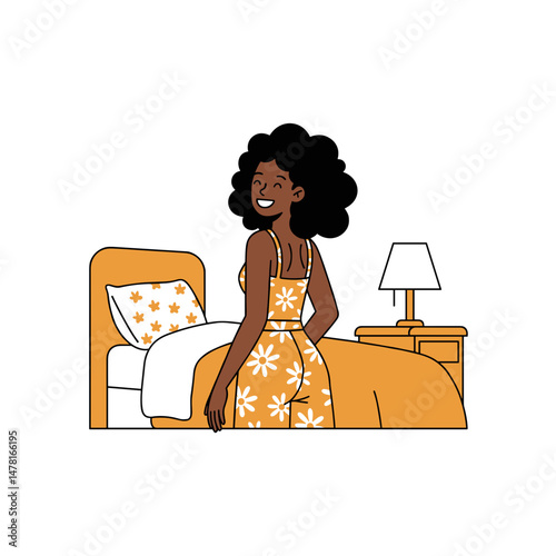 Black woman smiling while standing by bed in cozy bedroom interior - Concept of vector art  