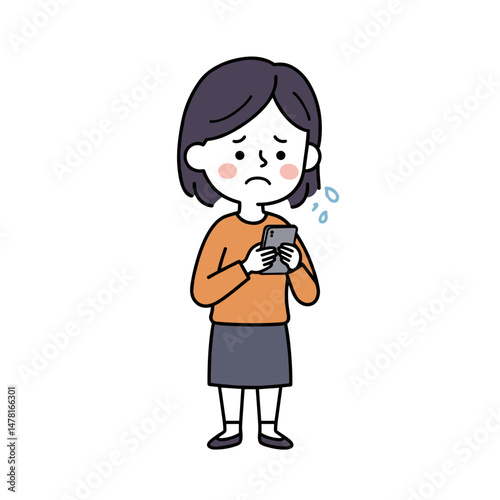 Young woman looking upset while reading messages on smartphone - Concept of vector art  