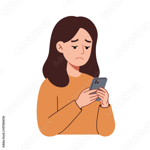 Sad woman looking at smartphone screen with a worried expression