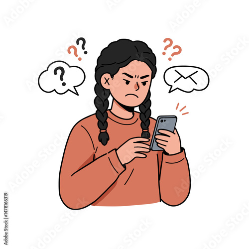 Upset girl reading confusing messages on smartphone with questions  