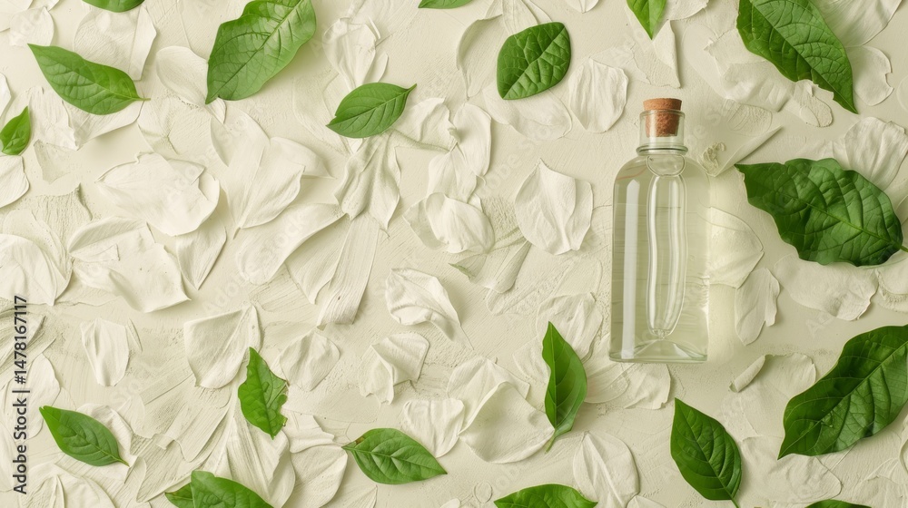 Obraz premium A bottle of essential oil surrounded by fresh eucalyptus leaves