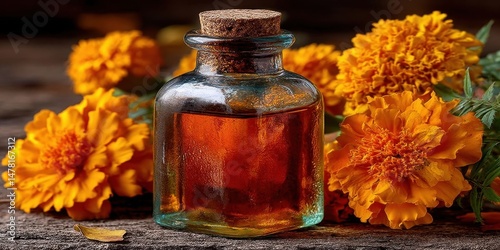 Bright Orange Marigold Flowers with Glass Dropper Bottle in Natural Wellness Setting