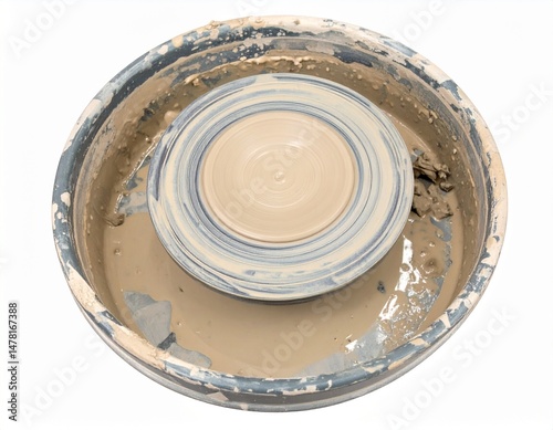 Pottery Wheel with Clay Residue on Isolated White Background