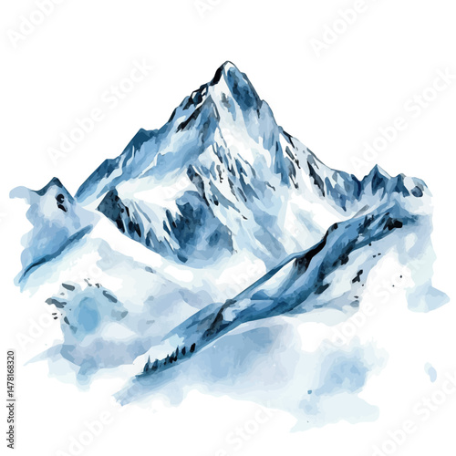 Snowy Mountain, watercolor vector, isolated on a white background.