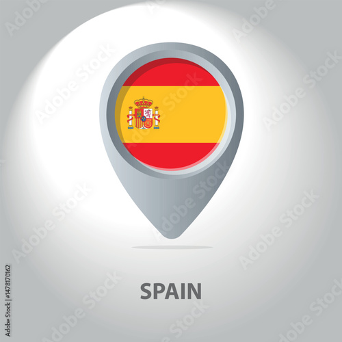 Free Download Vector illustration of the Spanish flag inside the pin icon on the map. A symbolic location marker with national colors and the coat of arms of Spain on a white background. - GFXLoad
