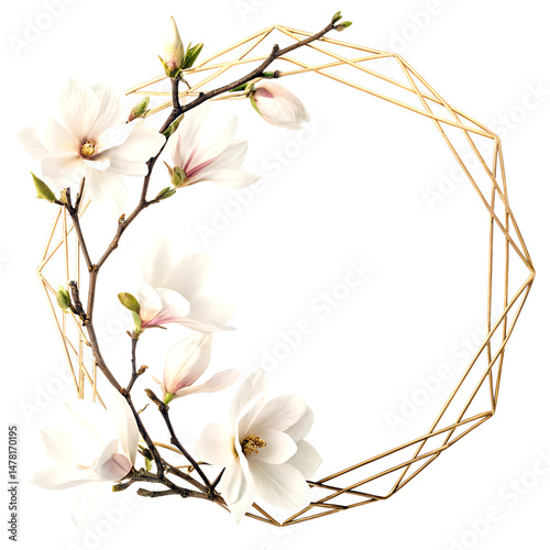 Golden geometric hexagon frame with white magnolia blossoms on a transparent background