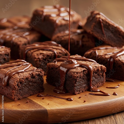 A decadent stack of chocolate brownies, drizzled with rich, flowing chocolate sauce for dessert.
