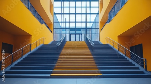 Modern interior architecture featuring bold yellow stairs and glass facade