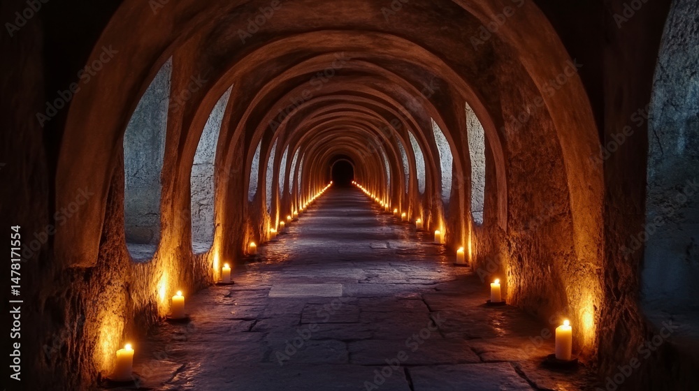 Obraz premium Long, dimly lit stone corridor with arched ceilings and candles.