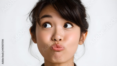Playful Portrait: A young woman with dark hair is seen close-up making a funny face with pursed lips and wide eyes looking askance.