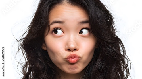 Portrait of an attractive young woman with dark hair looking aside with a playful expression and puckered lips on a white background.