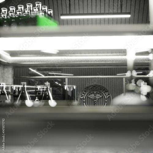 Futuristic lab with sleek industrial architecture equipped with metallic storage cabinets, 3D rendering. Sterile medical lab designed for diagnostics analysis and advanced medical research