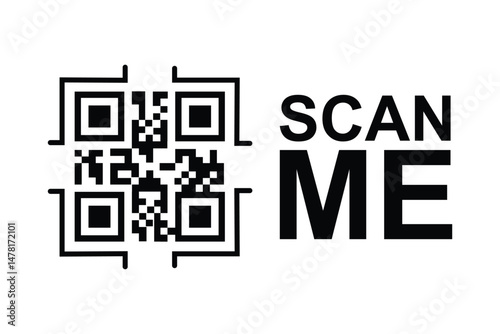 Centered black and white QR code with 'SCAN ME' in bold sans-serif. Minimalist, symmetrical design on clean background. Neutral, functional aesthetic for digital use. No people or context. Black/white