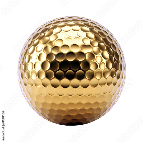  Golden golf ball with dimples on a transparent background