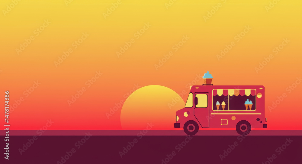Naklejka premium Ice cream truck silhouette against vibrant sunset gradient background. Minimalist illustration with large sun and pink truck. Summer treat. Flat design with warm color. Food truck business theme.