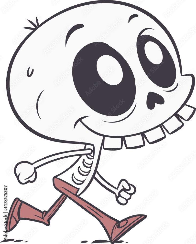 Obraz premium Whimsical Skeleton in Motion: An animated cartoon skeleton, with its expressive face and playful stride, brings a touch of cheerful whimsy to the scene.
