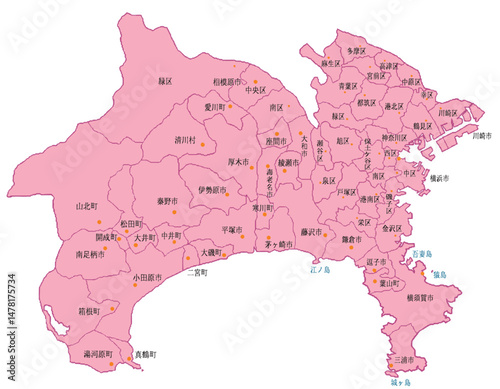 神奈川県　地図　ピンク　斑点　イラスト