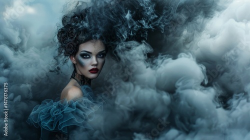 Woman with bold makeup surrounded by colorful smoke in an artistic atmosphere at night