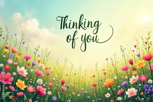 A colorful flower field under a blue sky with white clouds, featuring the text 