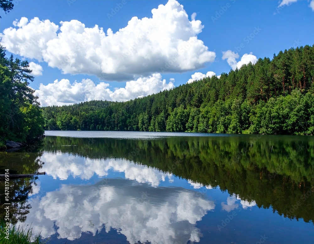 Fototapeta premium A mountain lake surrounded by dense summer forest, perfectly still water reflecting 
