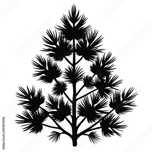 Black silhouette illustration of a stylized pine tree with branches and needles