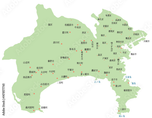 神奈川県　地図　黄緑　斑点　イラスト