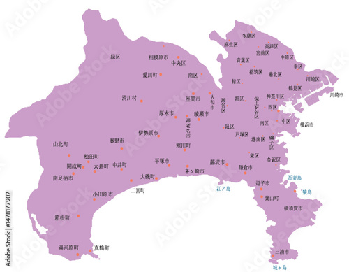 神奈川県　地図　紫　斑点　イラスト