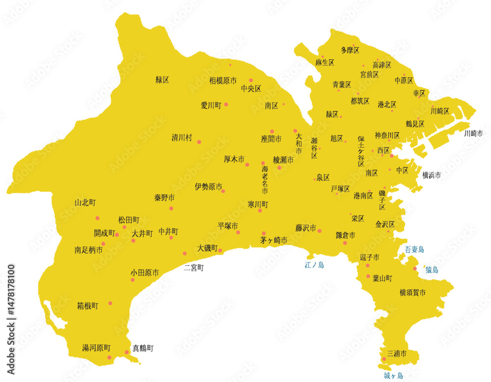 Obraz premium 神奈川県 地図 黄色 斑点 イラスト
