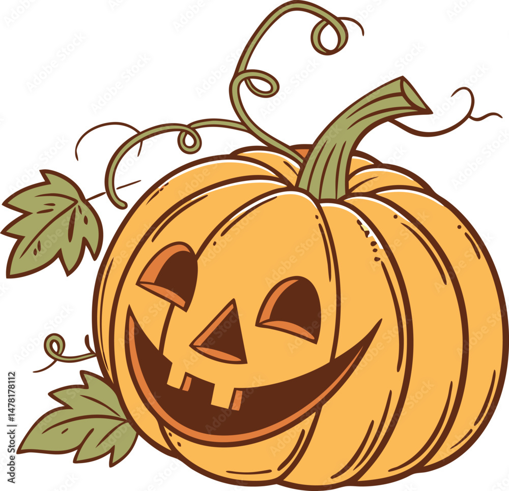 Fototapeta premium Jack O' Lantern: A festive Jack O' Lantern smiling with mischievous expression, embodying the spirit of the spooky season, rendered with intricate line art and warm, inviting colors.