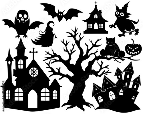 Creative details Collection of Halloween silhouettes. Haunted house, creepy tree, flying witch, pumpkins, halloween ghost, owl, coffin lid icon Vector Illustration