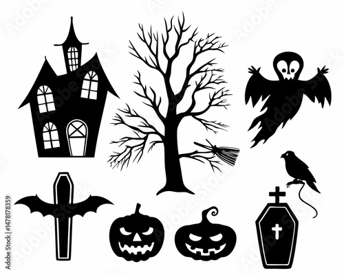 Creative details Collection of Halloween silhouettes. Haunted house, creepy tree, flying witch, pumpkins, halloween ghost, owl, coffin lid icon Vector Illustration