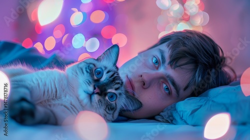 Serene Cat Nap: A peaceful tabby cat enjoys a tranquil moment of sleep, basking in a colorful, bokeh-filled atmosphere of gentle hues, capturing the essence of relaxation and calm.