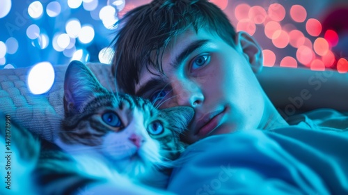 Serene Cat Nap: A peaceful tabby cat enjoys a tranquil moment of sleep, basking in a colorful, bokeh-filled atmosphere of gentle hues, capturing the essence of relaxation and calm.
