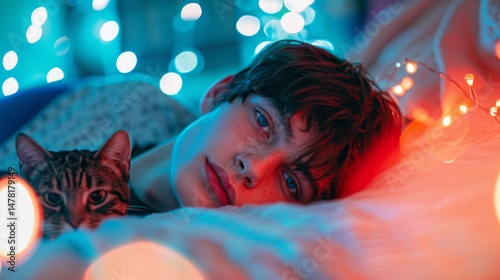 Serene Cat Nap: A peaceful tabby cat enjoys a tranquil moment of sleep, basking in a colorful, bokeh-filled atmosphere of gentle hues, capturing the essence of relaxation and calm.