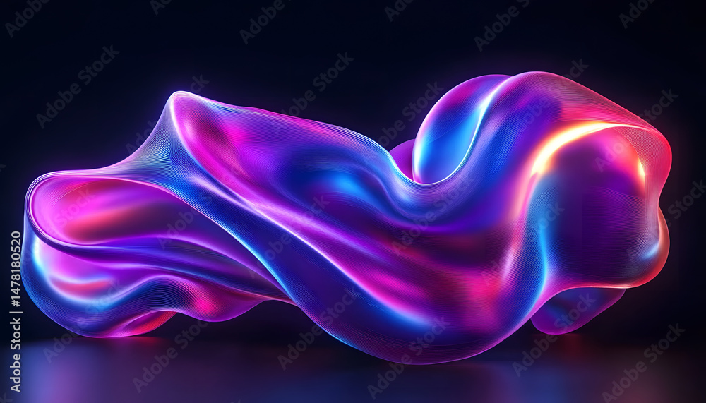 Fototapeta premium A dynamic 3D rendering of an abstract fluid holographic wave in neon hues, set against a dark backdrop. a gradient design suitable for banners, backgrounds. Abstract dark holographic iridescent neon