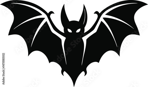 A clear and simple name for the image based on the sentence and tags could be:
Black bat silhouette flying near trees in tribal cartoon style